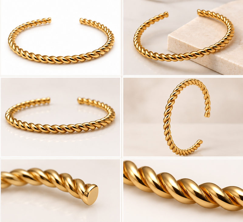 Gold twisted rope cuff bracelet for women, open bangle