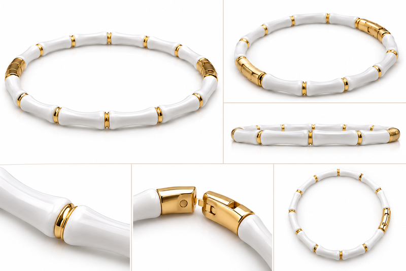 White & gold bamboo-style bracelet with magnetic clasp