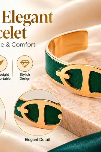 Green leather cuff bracelet with gold-tone anchor motif