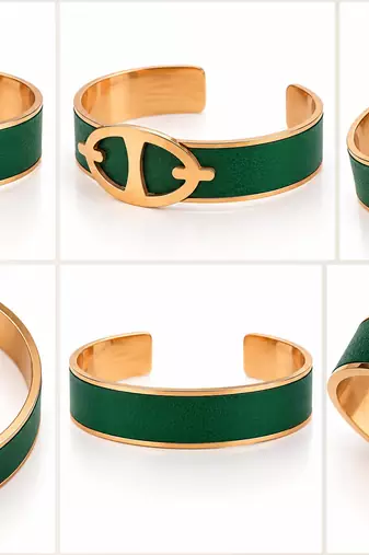 Green leather cuff bracelet with gold-tone anchor motif