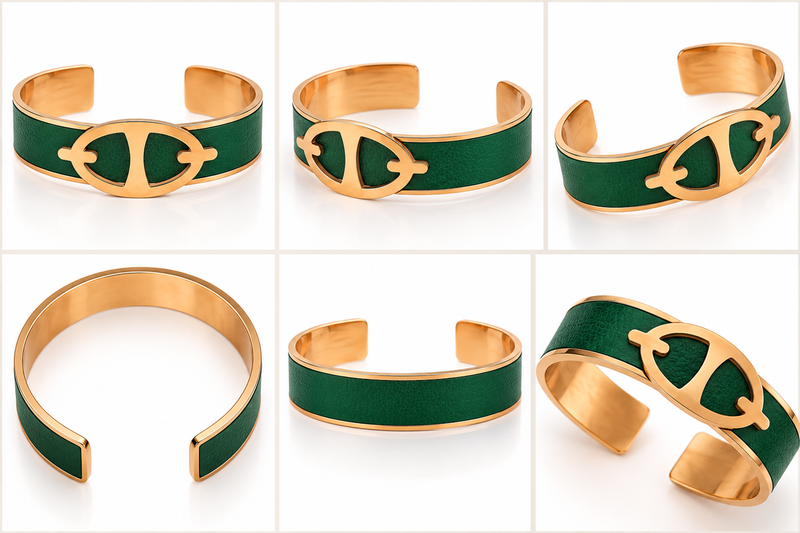 Green leather cuff bracelet with gold-tone anchor motif