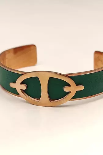 Green leather cuff bracelet with gold-tone anchor motif