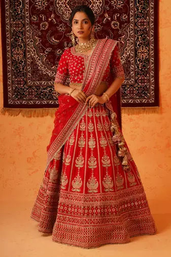 Red Viscose Dupion Silk Heavy Hand Embroidered Lehenga Set