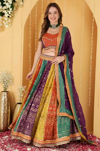 Multicoloured Zari And Sequins Embroidered Georgette Lehenga Set