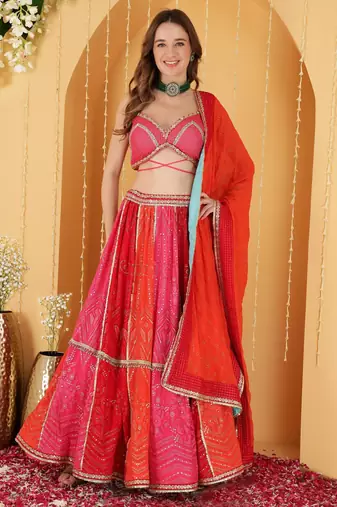 Multicoloured Zari And Sequins Embroidered Georgette Lehenga Set