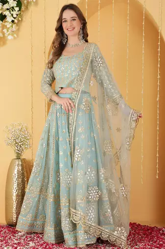 Light Teal Gota Patti Work Georgette Lehenga Set