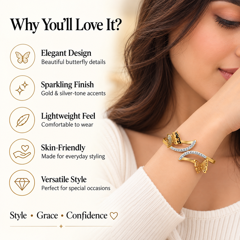 Gold-tone butterfly bangle bracelet with crystal embellishments