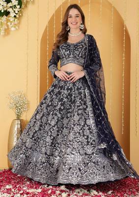 Deep Blue Double Net Hand Embroidered Lehenga Set 5