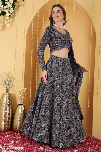 Navy Blue Double Net Hand Embroidered Lehenga Set
