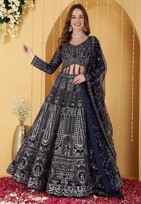 Dark Blue Double Net Hand Embroidered Lehenga Set 5