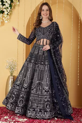 Dark Blue Double Net Hand Embroidered Lehenga Set