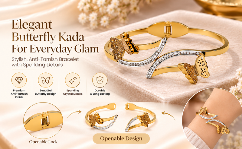 Gold-tone butterfly bangle bracelet with crystal embellishments