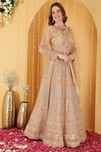 Beige Double Net Hand Embroidered Lehenga Set