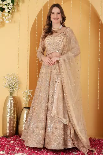 Gold Double Net Hand Embroidered Lehenga Set