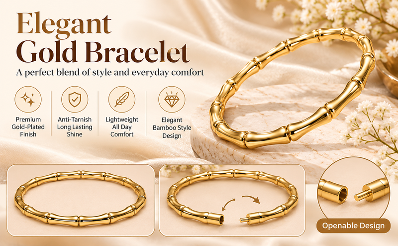 Gold-toned bamboo design bangle bracelet for women