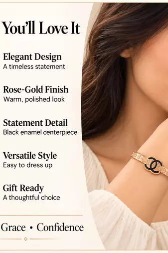 Rose gold bangle bracelet with black enamel cc motif