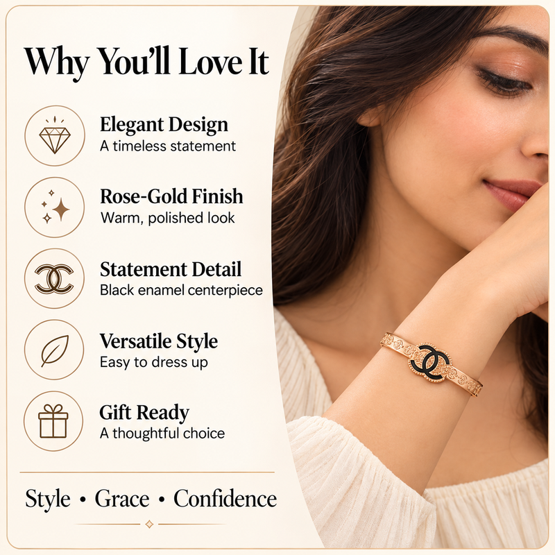 Rose gold bangle bracelet with black enamel cc motif