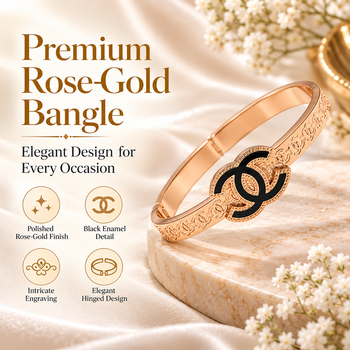 Rose gold bangle bracelet with black enamel cc motif 3