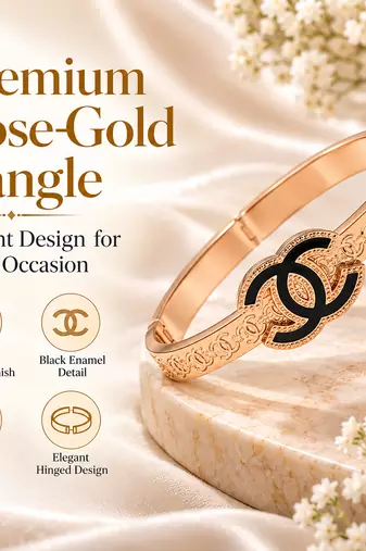 Rose gold bangle bracelet with black enamel cc motif