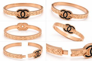 Rose gold bangle bracelet with black enamel cc motif 5