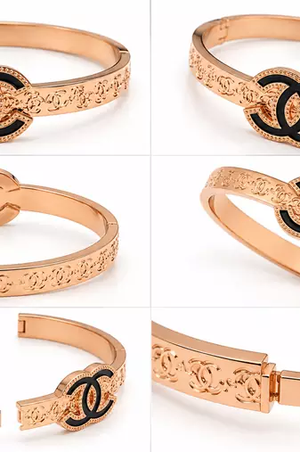 Rose gold bangle bracelet with black enamel cc motif