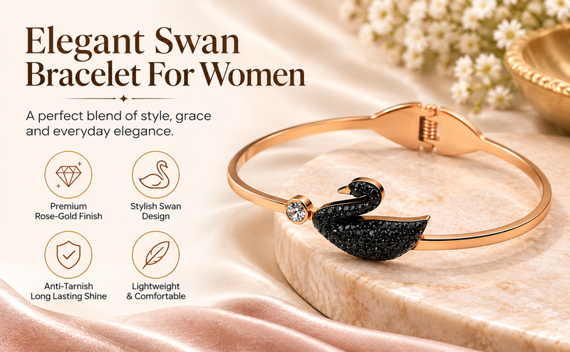 Black swan crystal bangle bracelet in rose gold tone