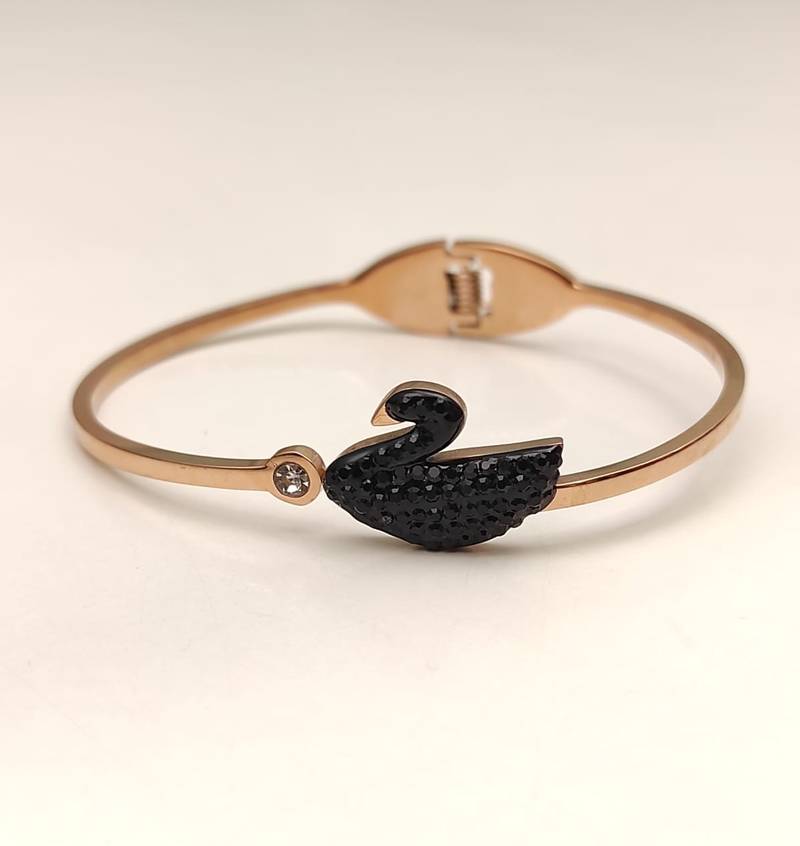 Black swan crystal bangle bracelet in rose gold tone
