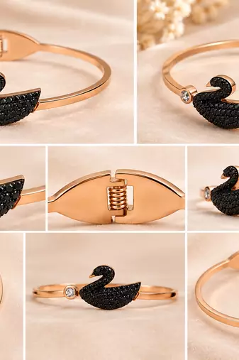 Black swan crystal bangle bracelet in rose gold tone
