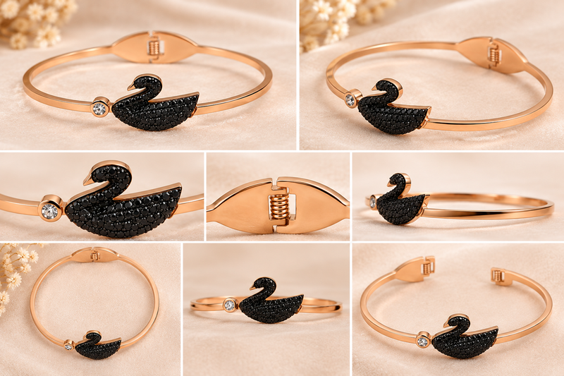 Black swan crystal bangle bracelet in rose gold tone