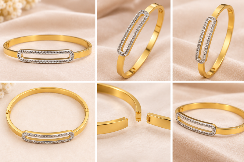 Gold-tone bangle bracelet with crystal oval centerpiece