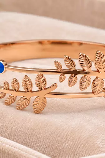 Rose gold evil eye leaf branch bangle bracelet for women