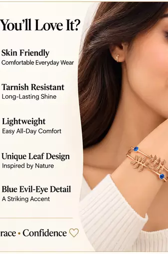 Rose gold evil eye leaf branch bangle bracelet for women