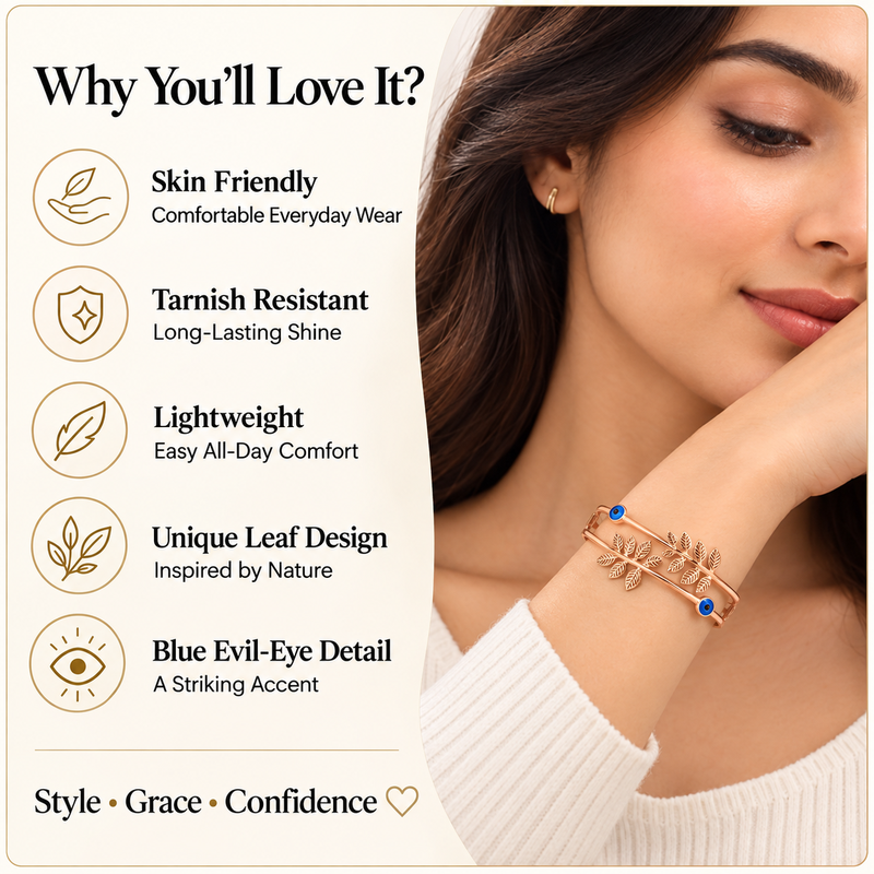 Rose gold evil eye leaf branch bangle bracelet for women