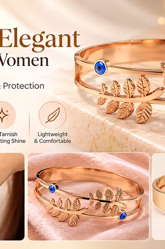 Rose gold evil eye leaf branch bangle bracelet for women