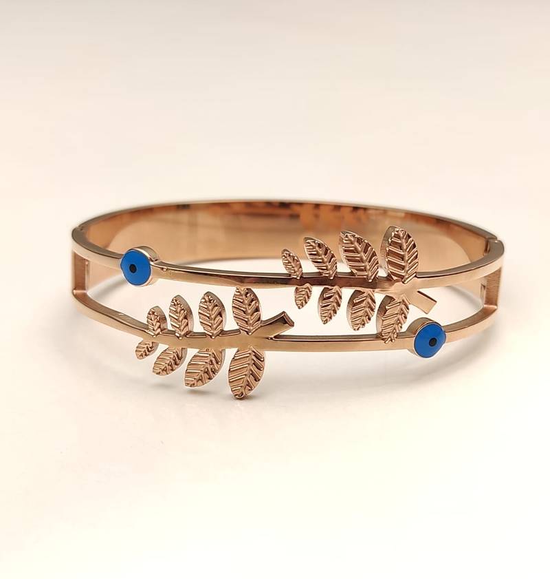 Rose gold evil eye leaf branch bangle bracelet for women