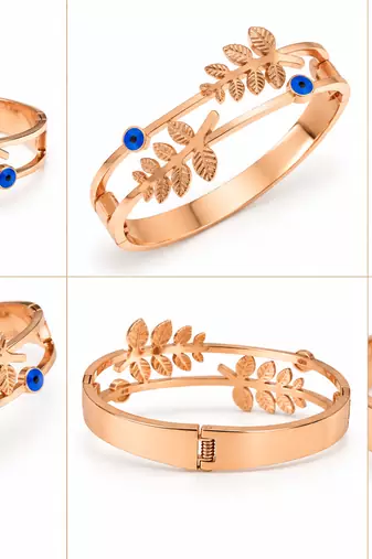 Rose gold evil eye leaf branch bangle bracelet for women