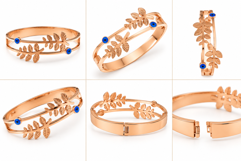 Rose gold evil eye leaf branch bangle bracelet for women