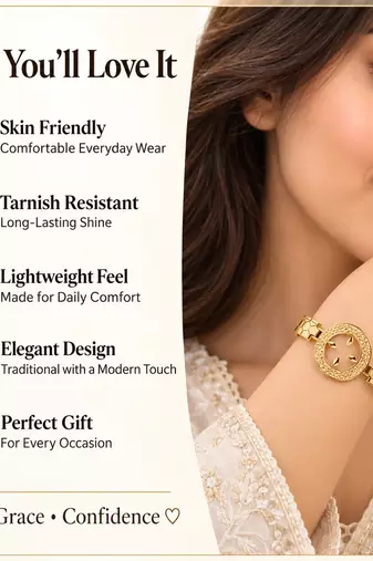 Gold-toned bangle bracelet with circular medallion & floral cutout