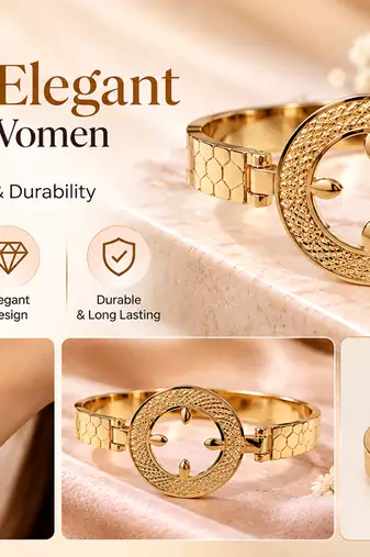 Gold-toned bangle bracelet with circular medallion & floral cutout