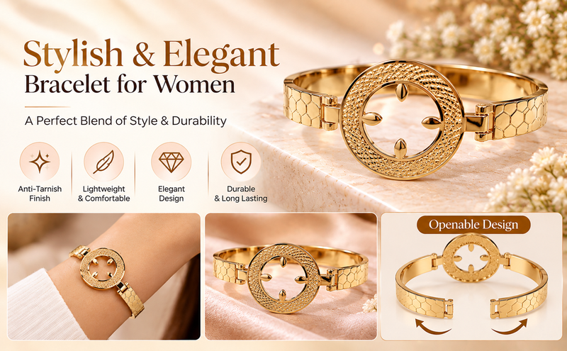 Gold-toned bangle bracelet with circular medallion & floral cutout
