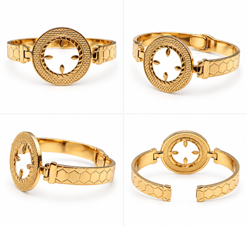 Gold-toned bangle bracelet with circular medallion & floral cutout 5
