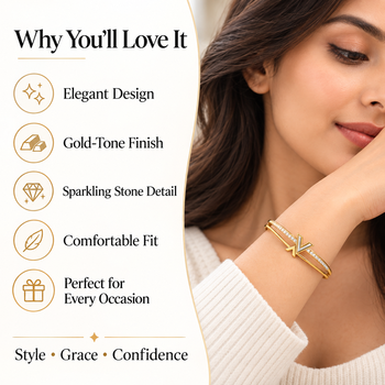 Gold-tone bangle bracelet with v logo charm and crystal accents 2