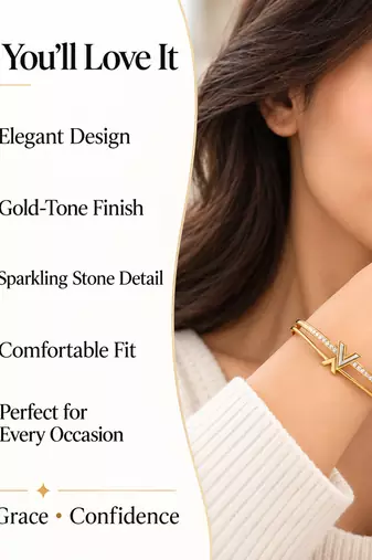 Gold-tone bangle bracelet with v logo charm and crystal accents