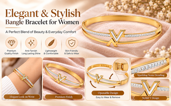 Gold-tone bangle bracelet with v logo charm and crystal accents 3