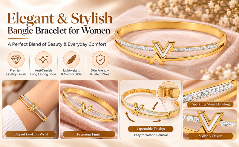 Gold-tone bangle bracelet with v logo charm and crystal accents