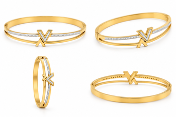 Gold-tone bangle bracelet with v logo charm and crystal accents 4