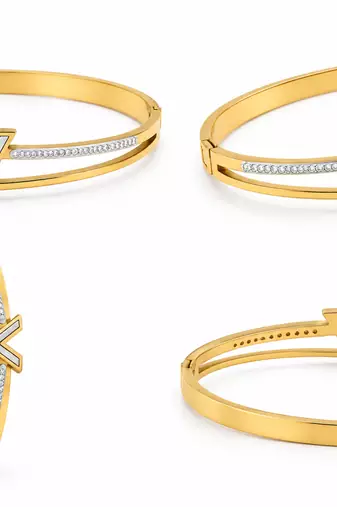 Gold-tone bangle bracelet with v logo charm and crystal accents