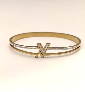 Gold-tone bangle bracelet with v logo charm and crystal accents 5