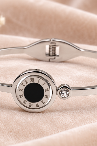 Roman numeral bangle bracelet, silver stainless steel with crystal
