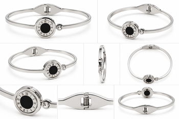 Roman numeral bangle bracelet, silver stainless steel with crystal 3